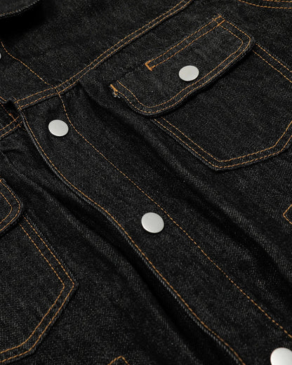 Black Multi Pockets Denim Jacket | LCDEGO Streetwear