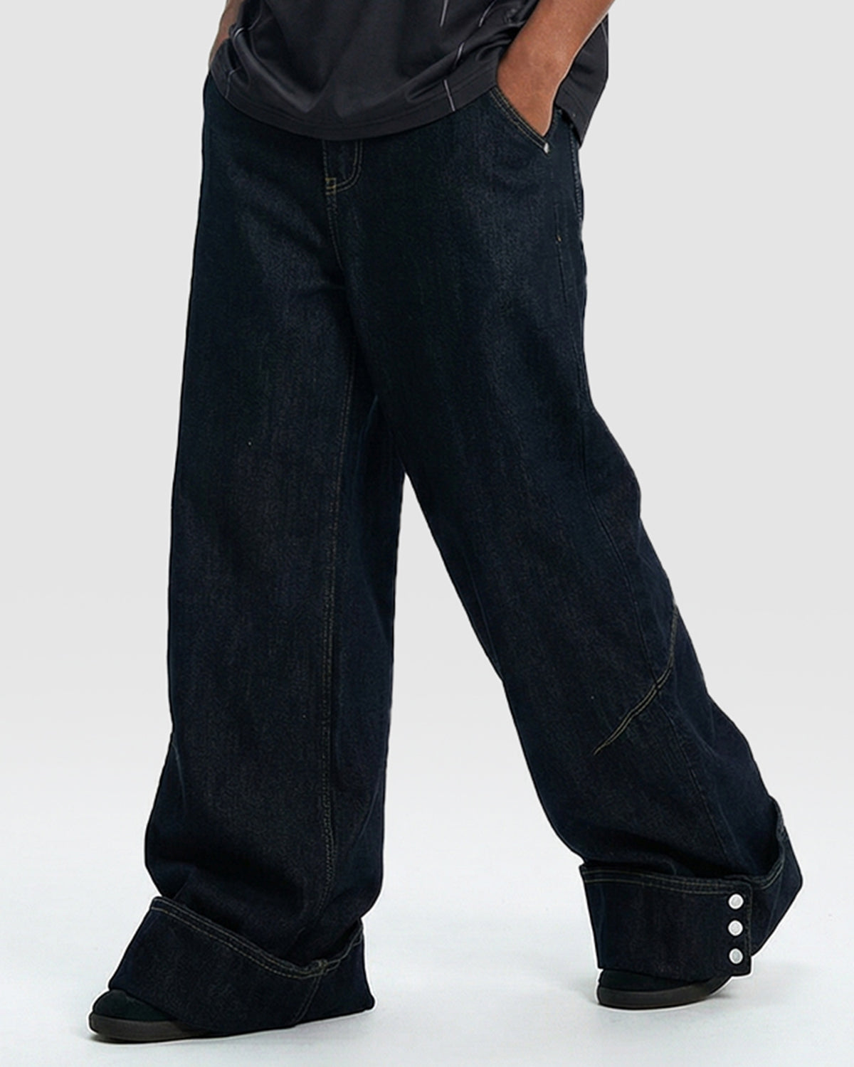 Dark Washed Cuff Detail Wide Leg Jeans | LCDEGO Streetwear