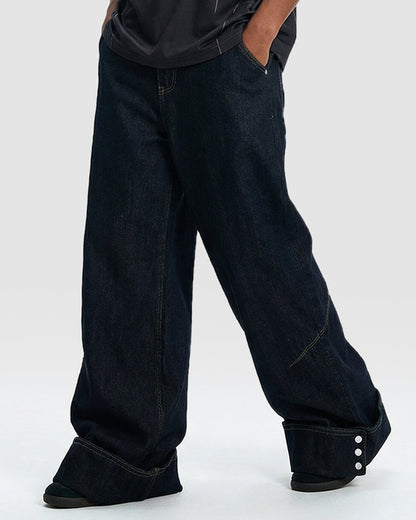 Dark Washed Cuff Detail Wide Leg Jeans | LCDEGO Streetwear