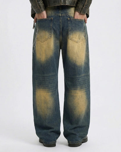 Acid Wash Rhinestone Chain Baggy Jeans | LCDEGO Streetwear