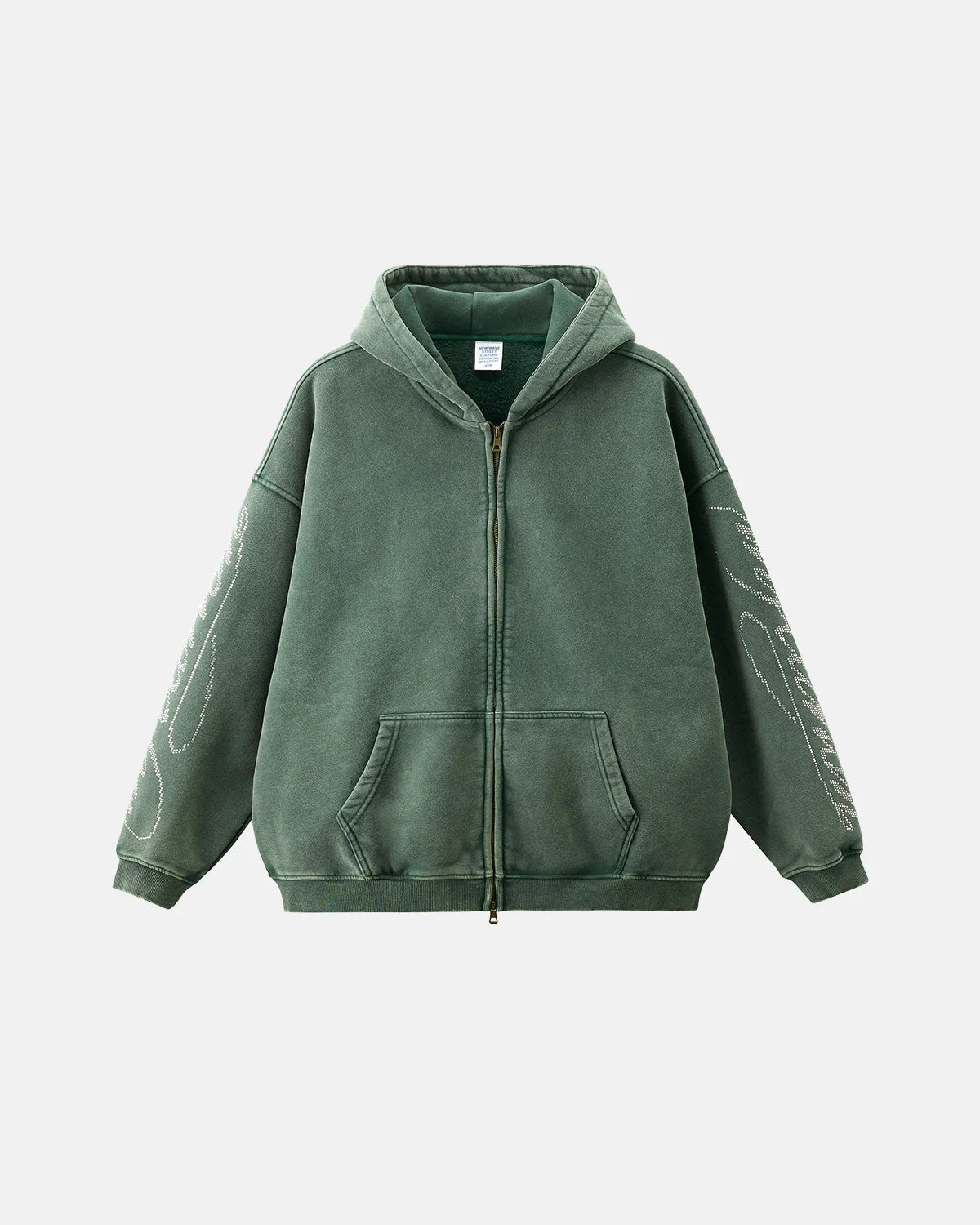 Rhinestone Distressed Washed Zip Up Hoodies | LCDEGO Streetwear