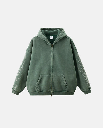 Rhinestone Distressed Washed Zip Up Hoodies | LCDEGO Streetwear