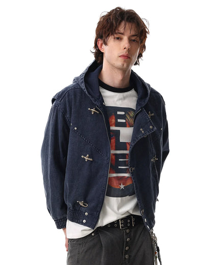 Vintage washed denim jacket with metal clasp closures