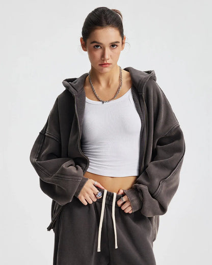 Distressed Acid Wash Double Zip Up Hoodies | LCDEGO Streetwear