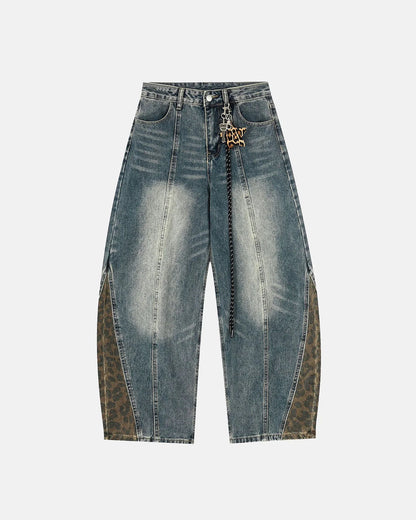 Leopard Patchwork Wide Leg Denim Jeans | LCDEGO Streetwear