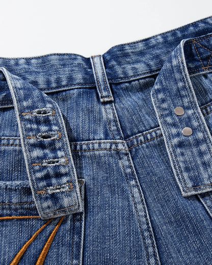 washed denim jorts embroidered pocket detail