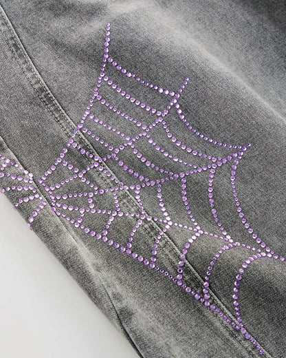 Spider Graphic Rhinestone Barrel Jeans | LCDEGO Streetewear
