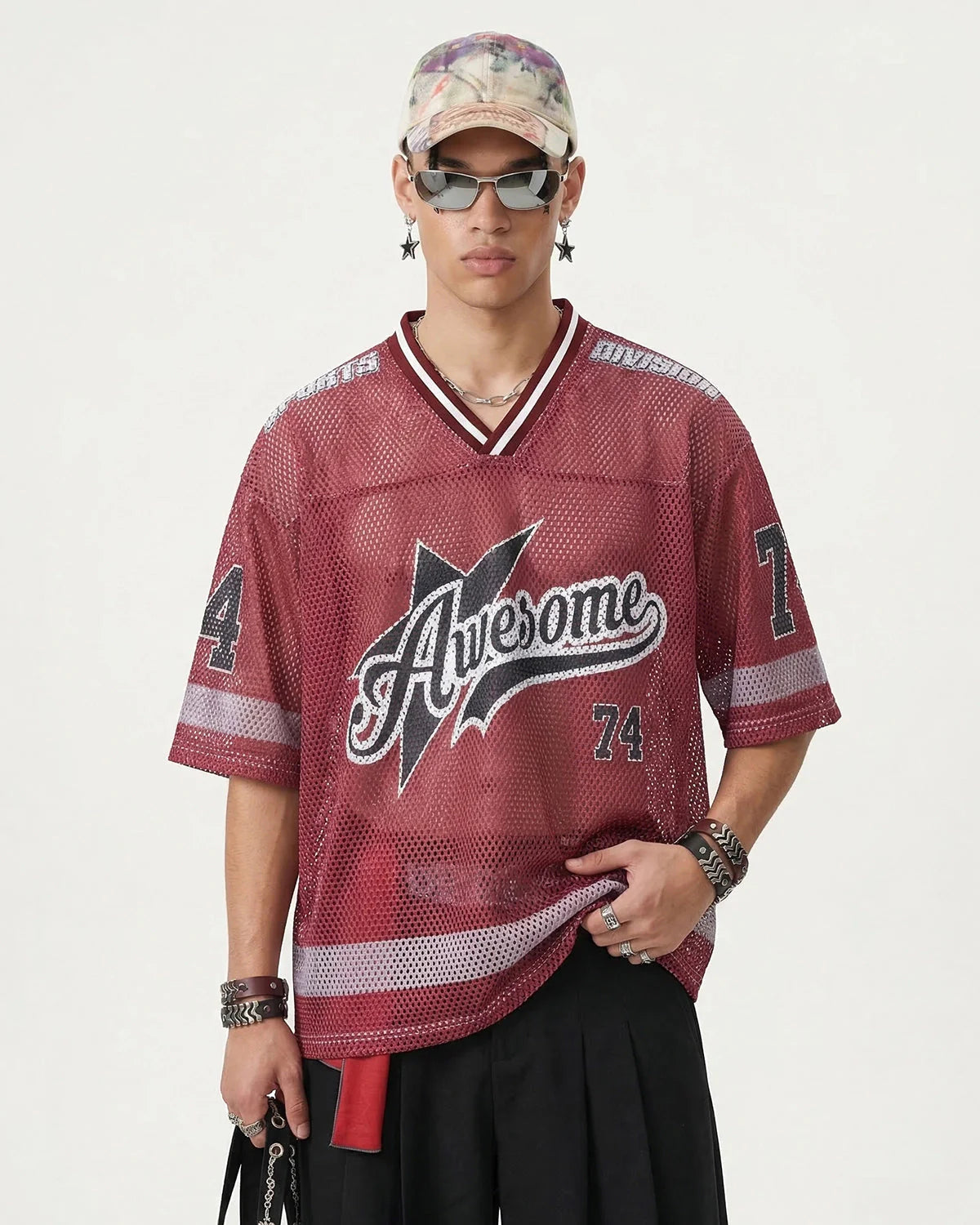 V-neck Graphic Mesh Jersey | LCDEGO Streetwear