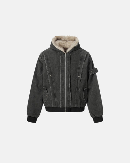 Faux Fur Lined Washed Hooded Jacket | LCDEGO Streetwear