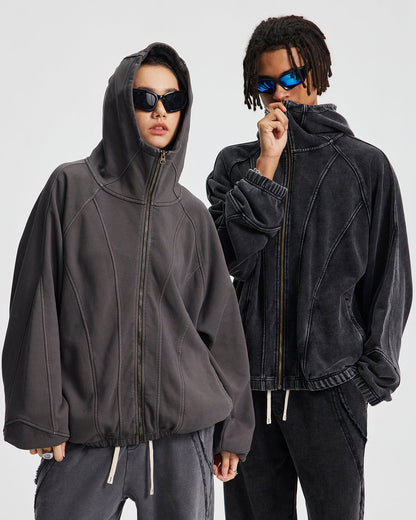 Distressed Stiching Aicd Wash Zip Up Hoodies | LCDEGO Streetwear
