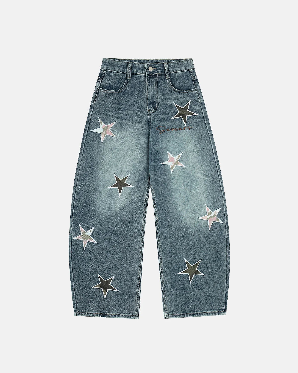 Acid Washed Star Embroidered Barrel Jeans | LCDEGO Streetwear