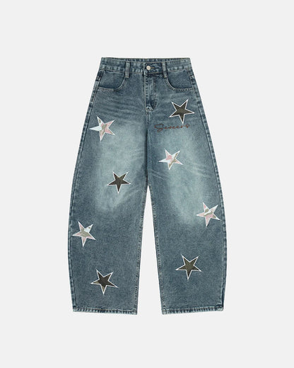 Acid Washed Star Embroidered Barrel Jeans | LCDEGO Streetwear