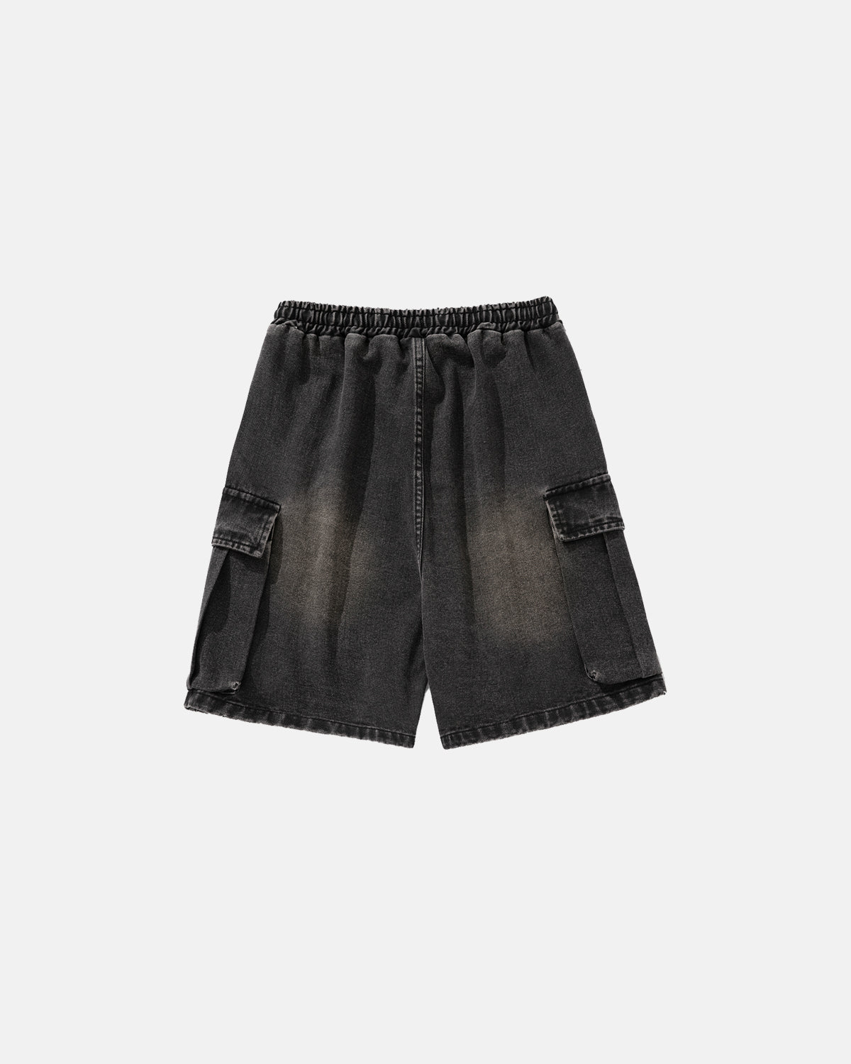 streetwear denim cargo shorts with faded wash and relaxed silhouette