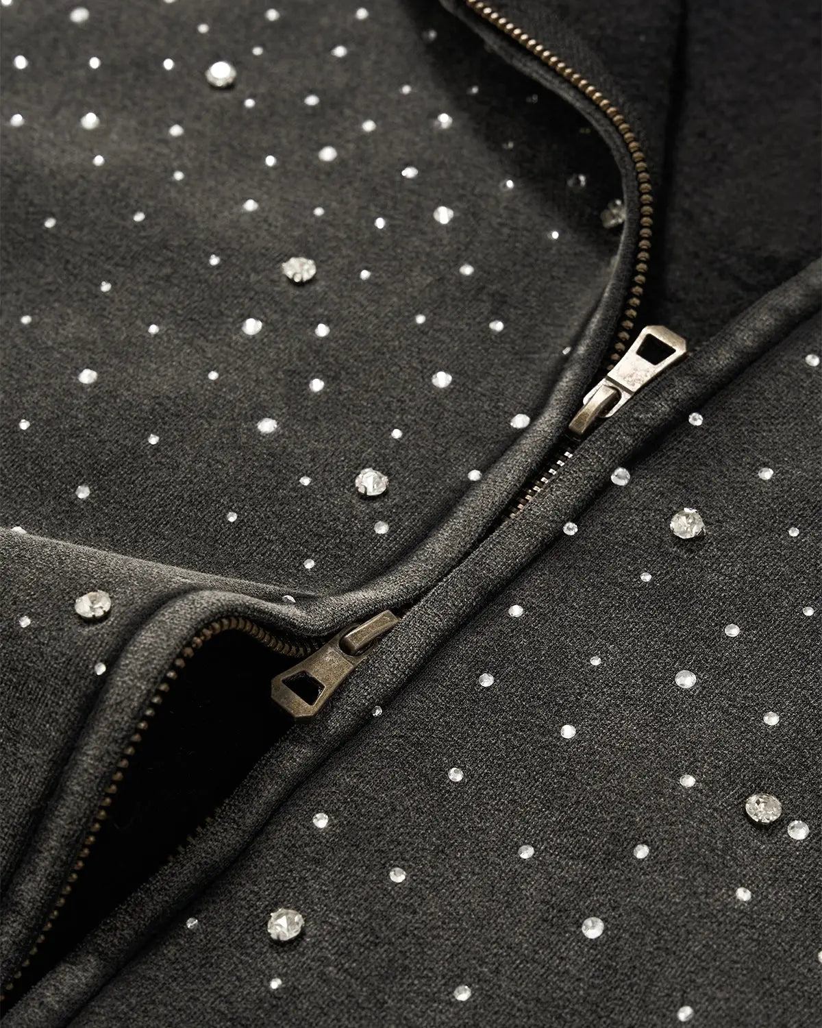 Distressed Washed Fleece Rhinestone Zip Up Hoodies | LCDEGO Streetwear