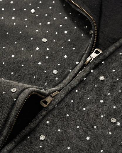 Distressed Washed Fleece Rhinestone Zip Up Hoodies | LCDEGO Streetwear
