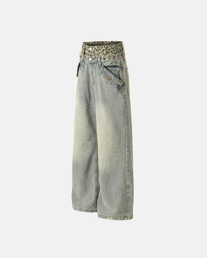 Leopard Pactchwork Double Waist Baggy Jeans | LCDEGO Streetwear