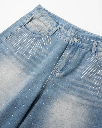 Blue Rhinestone Baggy Jeans Shorts | LCDEGO Streetwear