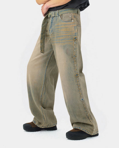 Beaded Studded Washed Baggy Jeans | LCDEGO Streetwear