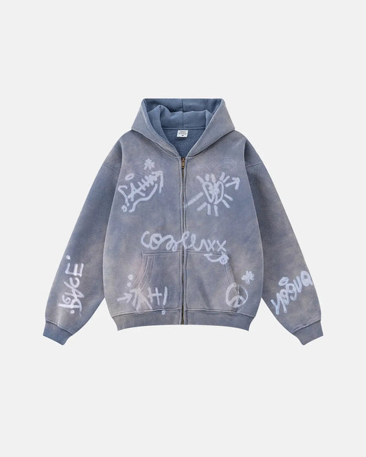 LCDEGO Graffiti Washed Zip Up Hoodies