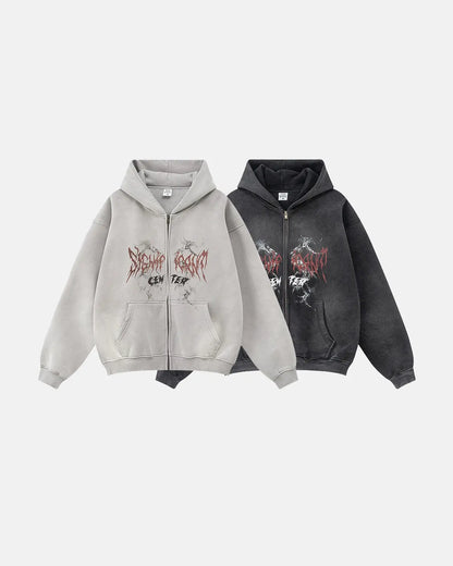 LCDEGO Washed Graphic Zip Up Hoodies