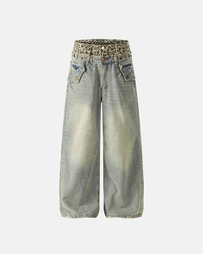 Leopard Pactchwork Double Waist Baggy Jeans | LCDEGO Streetwear