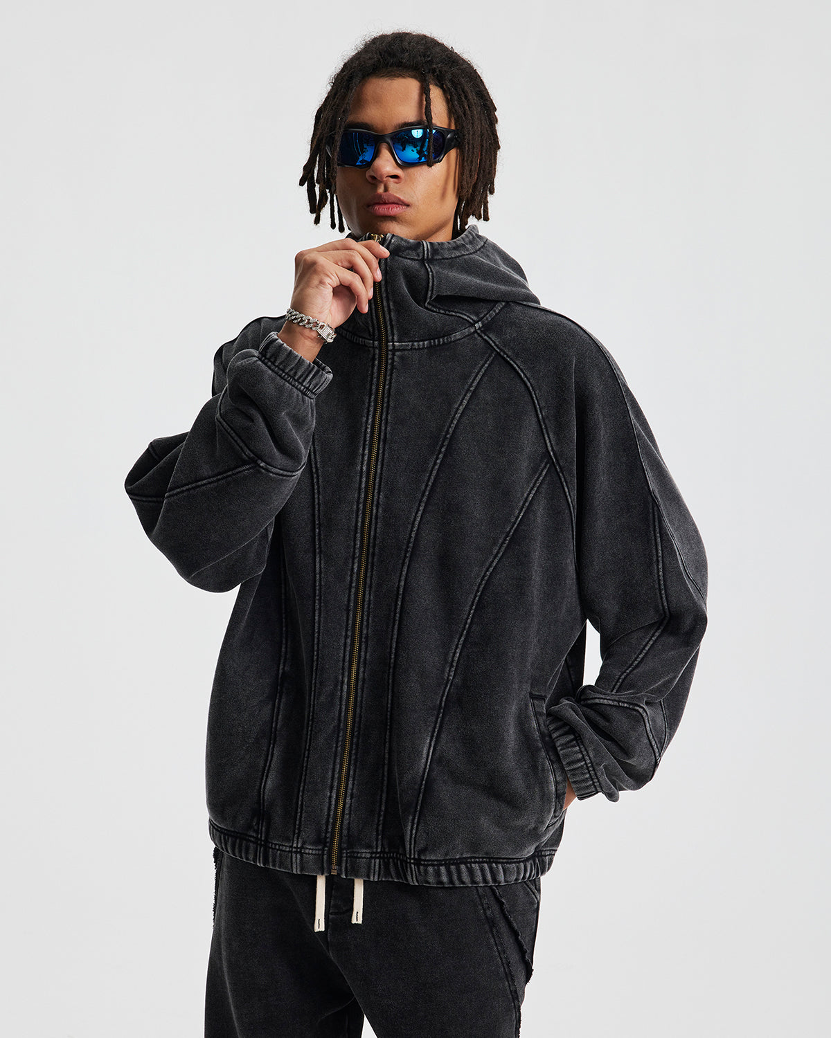 Distressed Stiching Aicd Wash Zip Up Hoodies | LCDEGO Streetwear