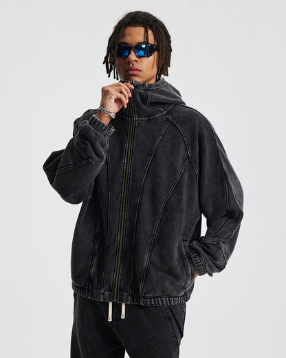 Distressed Stiching Aicd Wash Zip Up Hoodies | LCDEGO Streetwear