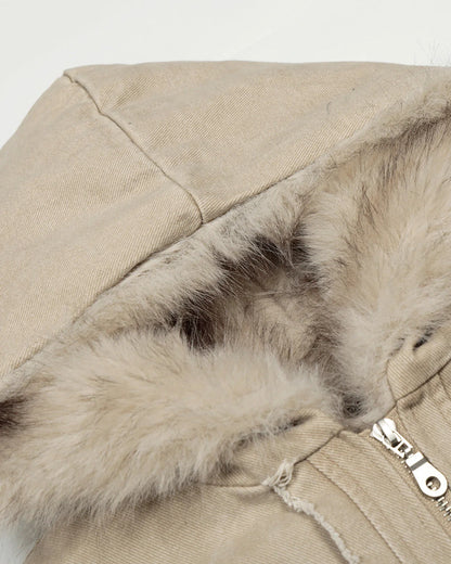 Faux Fur Lined Washed Hooded Jacket | LCDEGO Streetwear