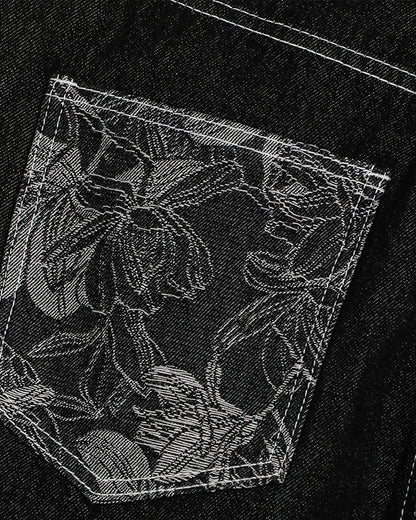 Baggy Denim Jorts with Embroidered Pocket | LCDEGO Streetwear