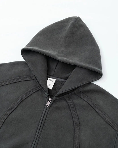 Contrast Stitching Distressed Wash Zip Up Hoodies | LCDEGO Streetwear
