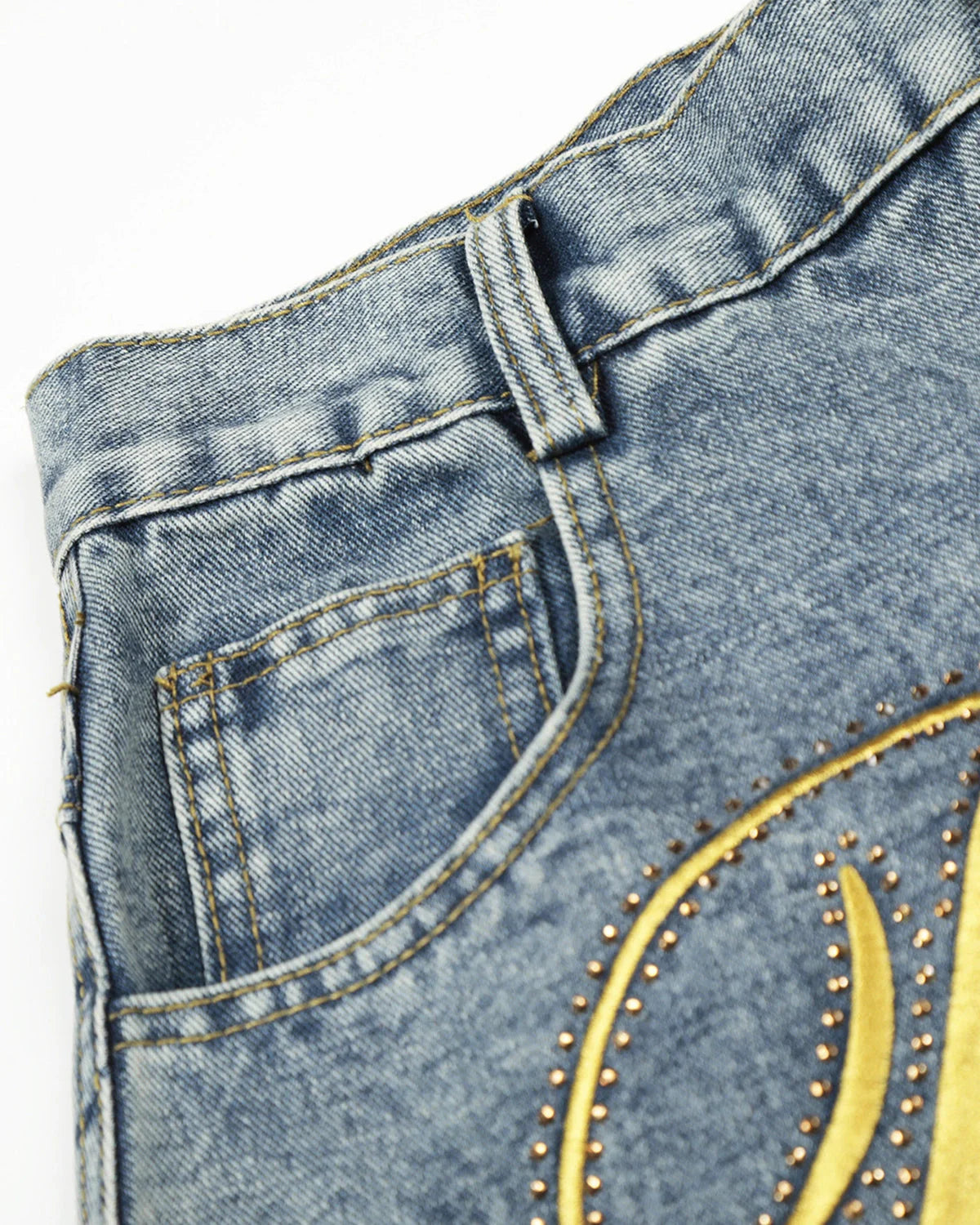 Rivets Embroidered Baggy Jeans | LCDEGO Streetwear