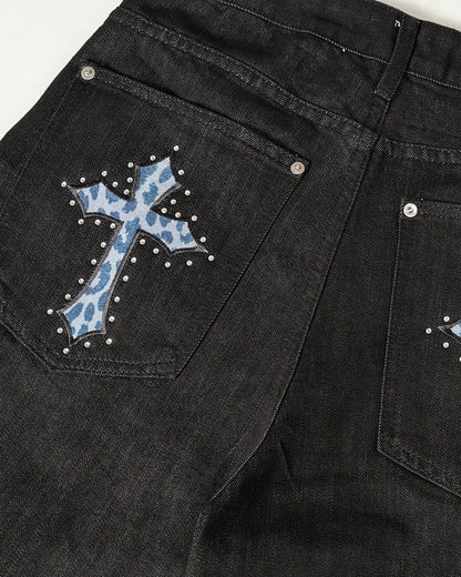 Cross Rhinestone Embroidered Baggy Jeans | LCDEGO Streetwear