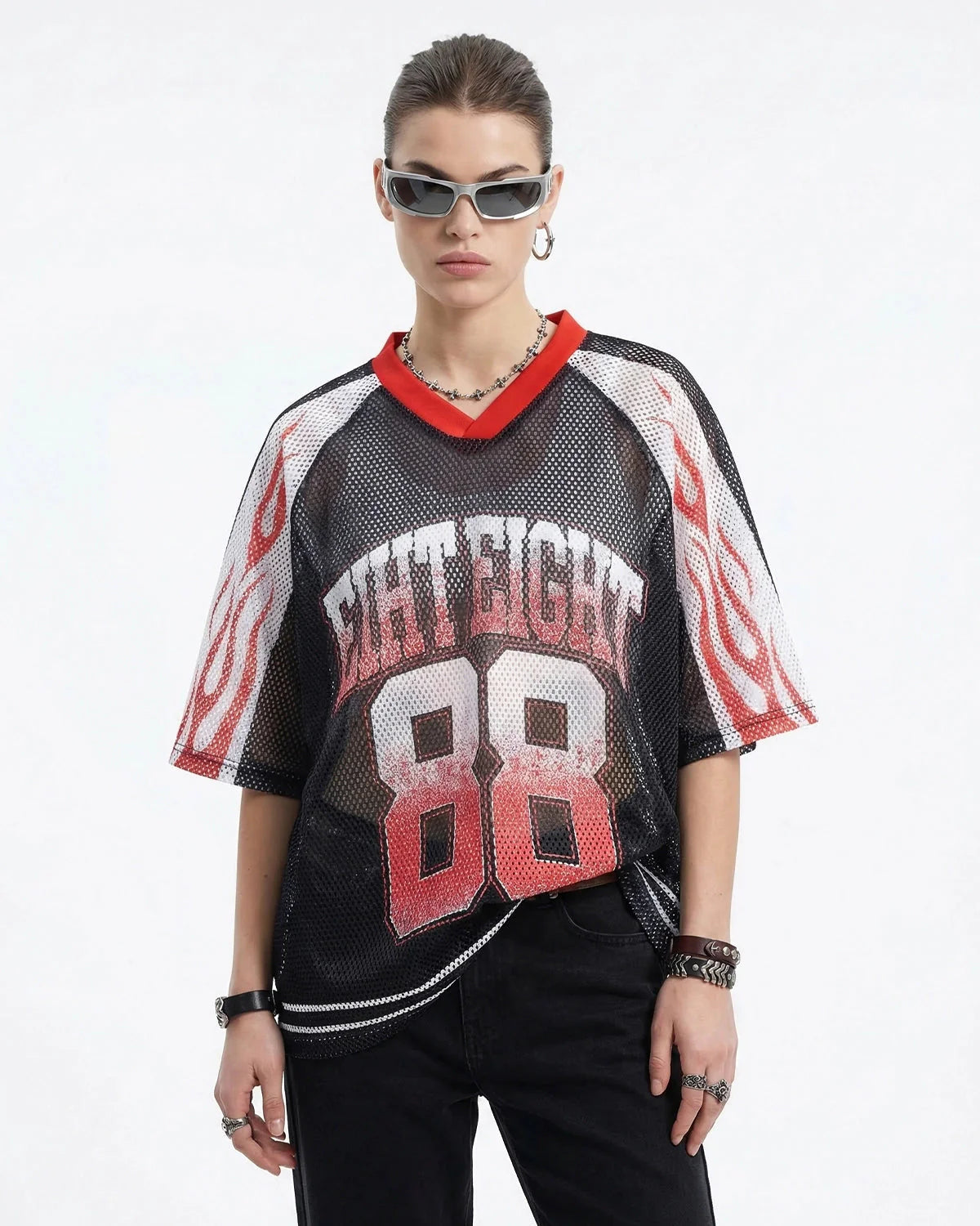 Flame Graphic Mesh Jersey | LCDEGO Streetwear
