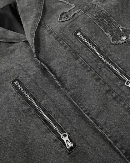Washed Cross Applique Cargo Jacket | LCDEGO Streetwear
