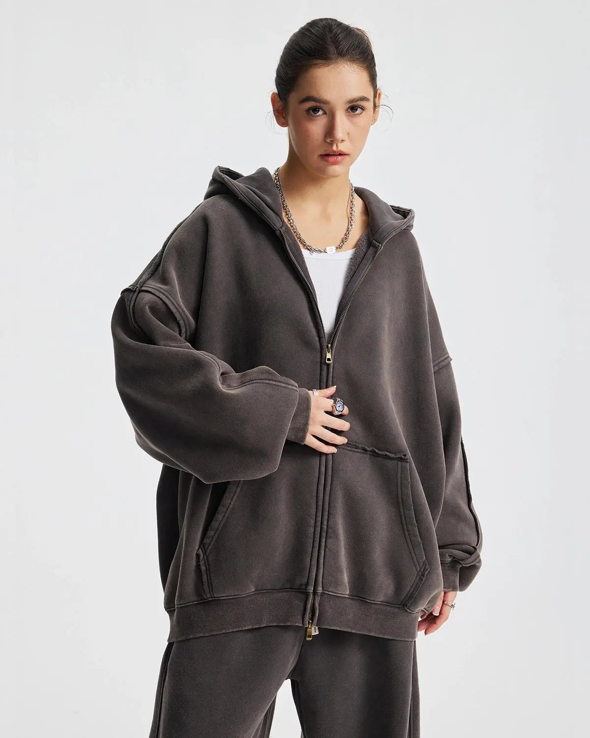 Distressed Acid Wash Double Zip Up Hoodies | LCDEGO Streetwear