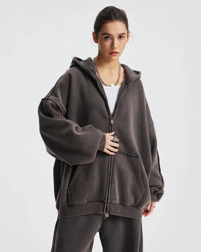 Distressed Acid Wash Double Zip Up Hoodies | LCDEGO Streetwear