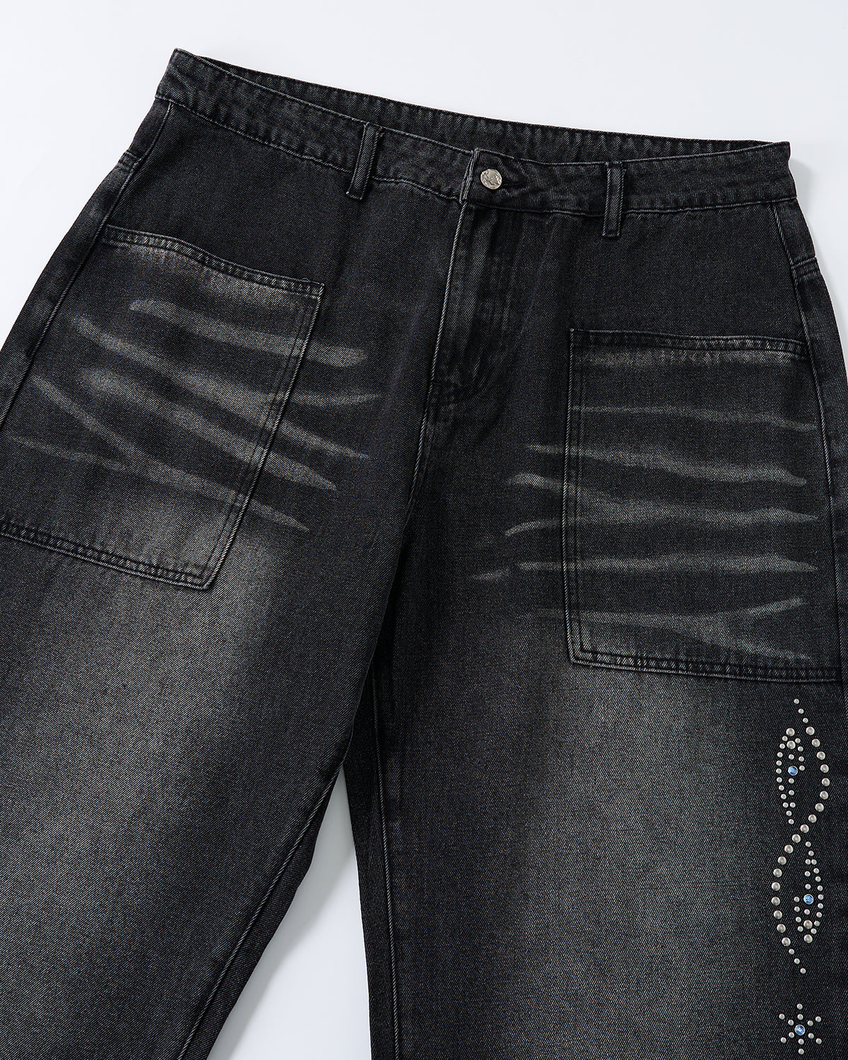 Whiskered Rhinestone Baggy Denim Jeans | LCDEGO Streetwear