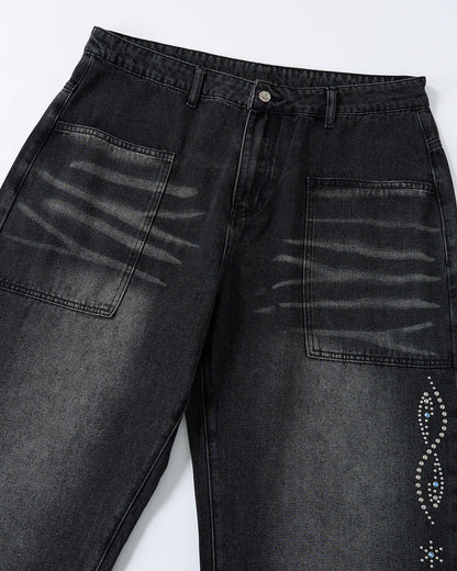 Whiskered Rhinestone Baggy Denim Jeans | LCDEGO Streetwear