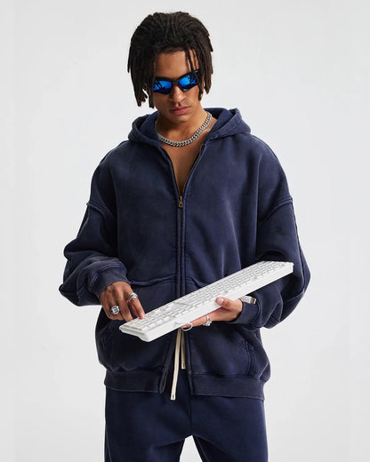 Distressed Acid Wash Double Zip Up Hoodies | LCDEGO Streetwear