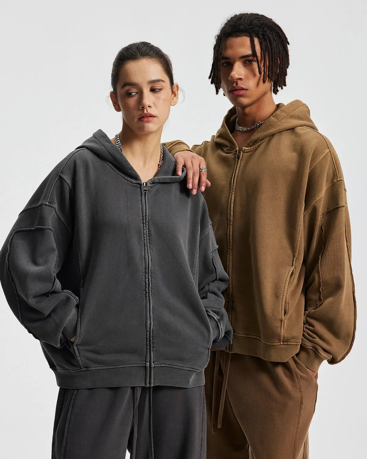 Acid Wash Stitching Zip Up Hoodies | LCDEGO Streetwear