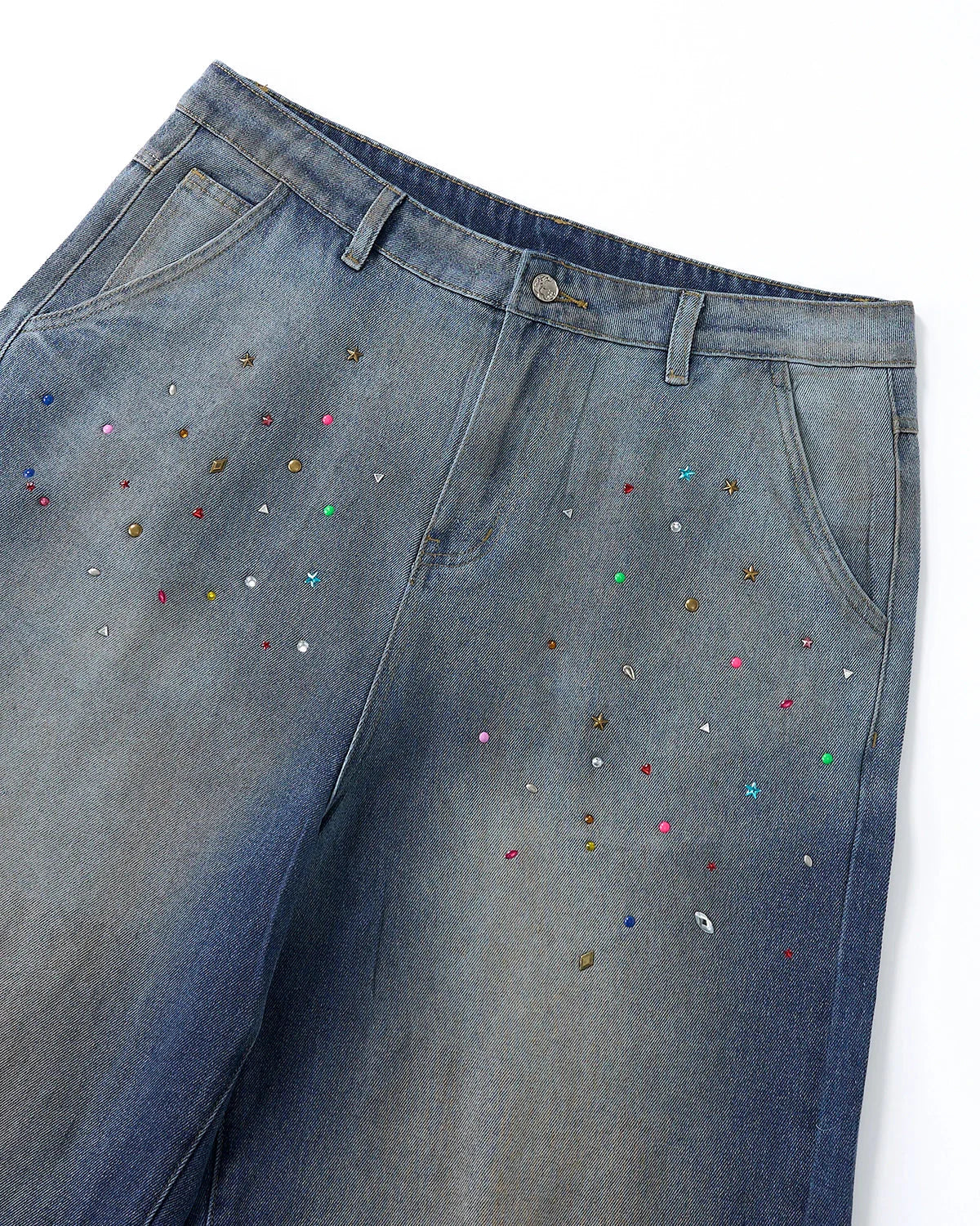 Rhinestone Washed Denim Baggy Jorts | LCDEGO Streetwear