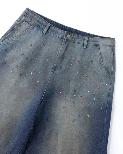 Rhinestone Washed Denim Baggy Jorts | LCDEGO Streetwear
