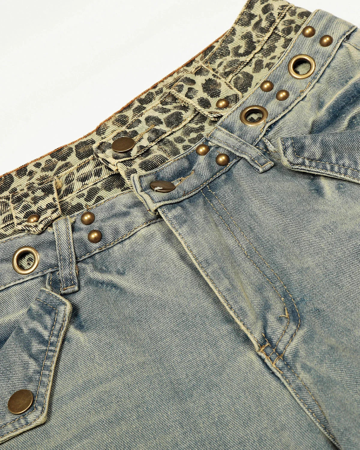 Leopard Pactchwork Double Waist Baggy Jeans | LCDEGO Streetwear