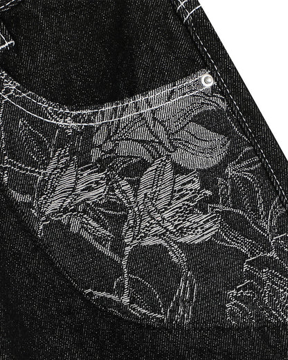 Baggy Denim Jorts with Embroidered Pocket | LCDEGO Streetwear