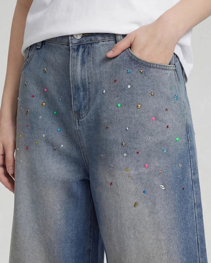 Rhinestone Washed Denim Baggy Jorts | LCDEGO Streetwear