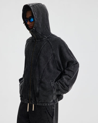 Distressed Stiching Aicd Wash Zip Up Hoodies | LCDEGO Streetwear