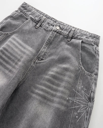 Star Graphic Rhinestone Barrel Baggy Jeans | LCDEGO Streetewear