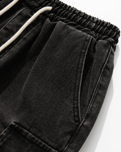 Washed Denim Cargo Shorts with Drawstring | LCDEGO Streetwear