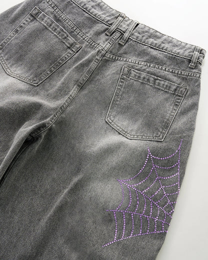 Spider Graphic Rhinestone Barrel Jeans | LCDEGO Streetewear
