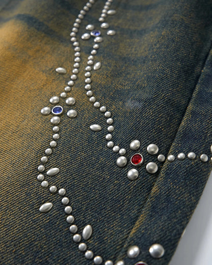 Acid Wash Rhinestone Chain Baggy Jeans | LCDEGO Streetwear